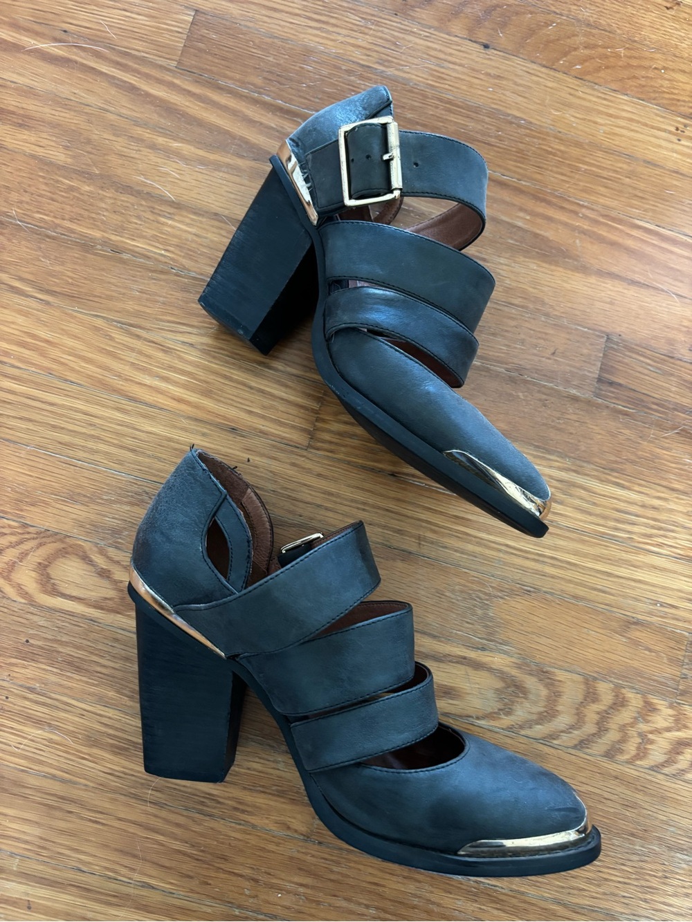 Jeffrey Campbell Charcoal Gray Strappy Block Heel Booties with Gold Trim